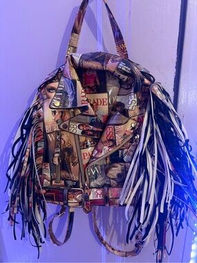 Magazine-Print Fringe Backpack in Multi Color